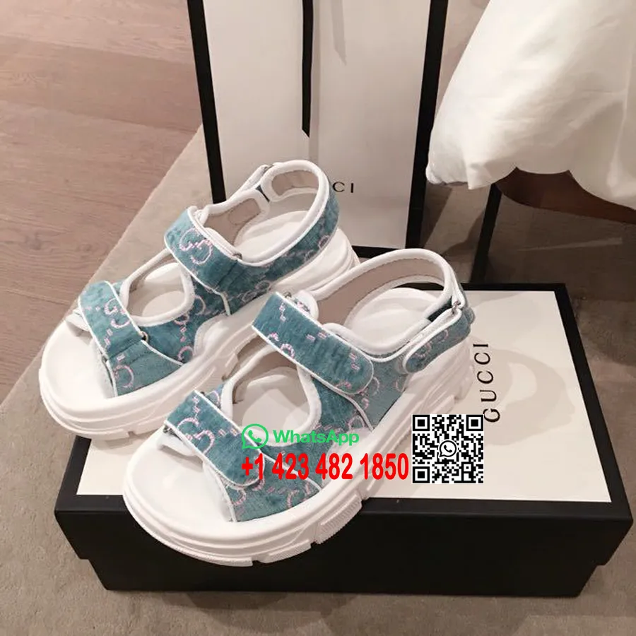 Gucci Open Track Velvet Velcro Sandals Spring/Summer 2020 Collection, Blue/White