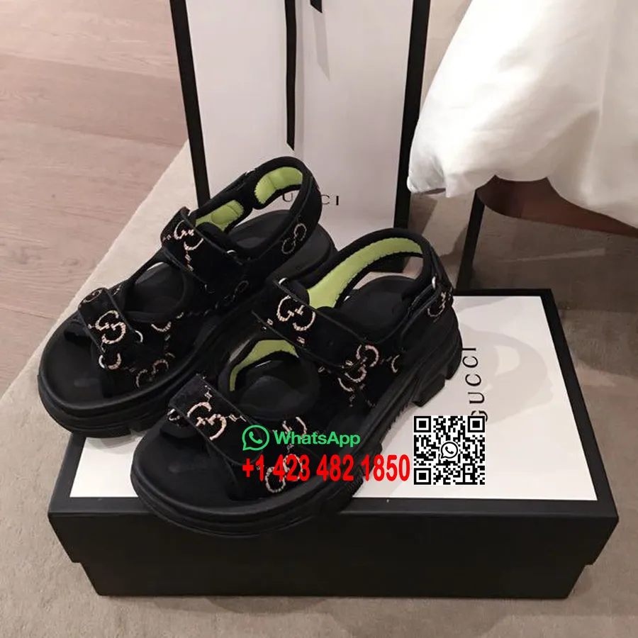 Gucci Open Track Velvet Velcro Sandals Calfskin Leather Spring/Summer 2020 Collection Black