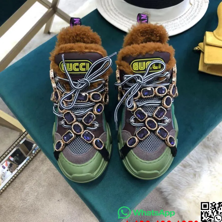 Gucci Flashtrek GG Pelz-Sneaker Mit Kristallgürtel, Kalbsleder, Herbst-/Winterkollektion 2019, Grün/Schwarz/Braun