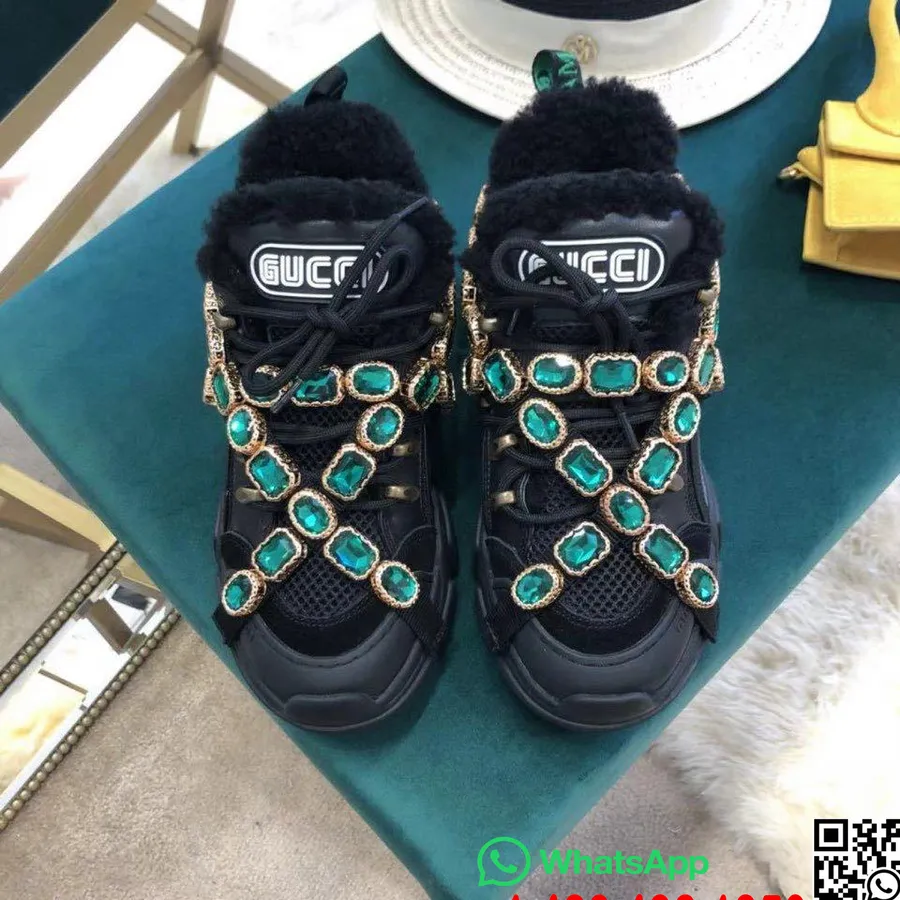 Gucci Flashtrek GG Fur Sneakers with Crystal Belt Calfskin Leather Fall/Winter 2019 Collection, Black/Green