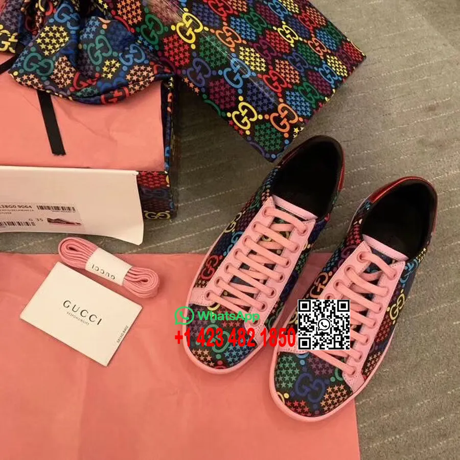 Gucci Gg Psychedelic Ace Spor Ayakkabı 610086 Dana Derisi Ilkbahar/yaz 2020 Koleksiyonu Pembe