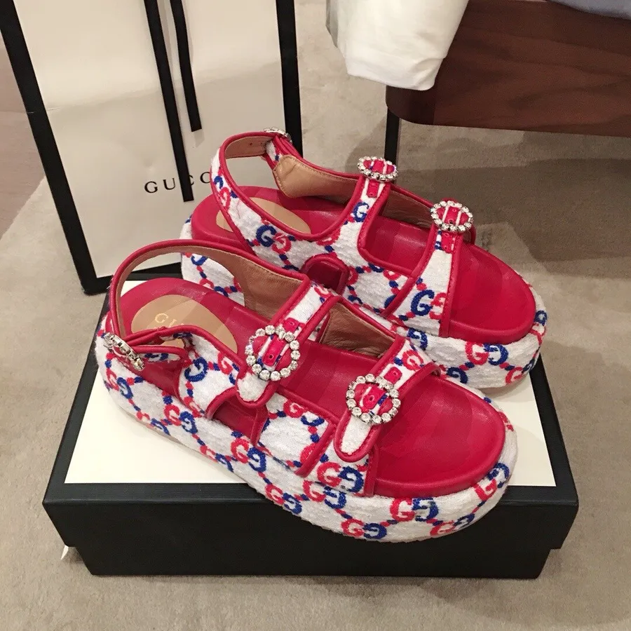 Gucci Angelina Platform 50mm Pelle Di Vitello Bouclé Crystal Collezione Primavera/estate 2020, Bianco/rosso/blu