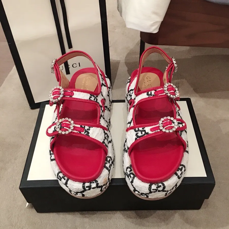 Gucci Angelina Platform 50mm Boucle Crystal Kalvskinn Vår/sommar 2020 Kollektion, Vit/svart