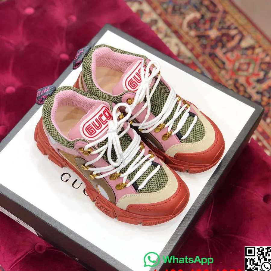 مجموعه کفش های کتانی Gucci Flashtrek Gg چرم گوساله پاییز/زمستان 2019، صورتی/برهنه/سبز