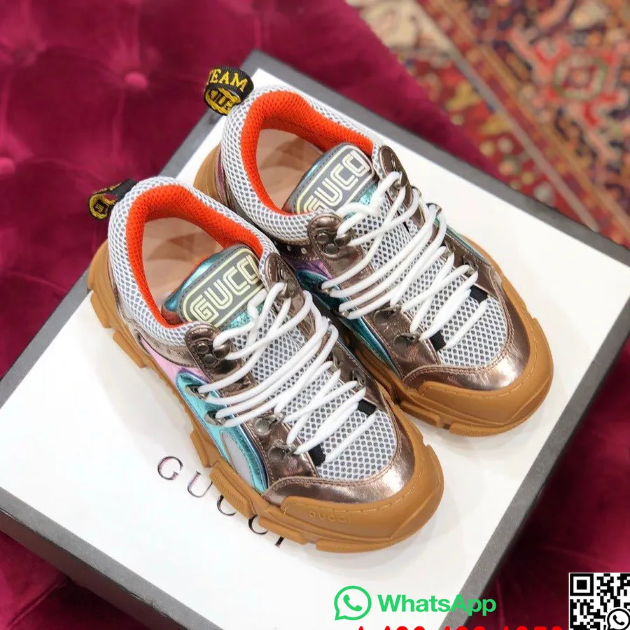 مجموعه کفش های کتانی Gucci Flashtrek Gg چرم گوساله پاییز/زمستان 2019، سفید/صورتی متالیک/آبی