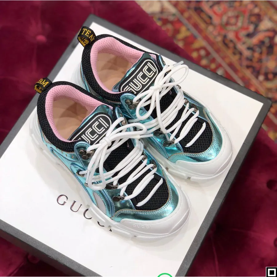 Gucci Flashtrek Gg Sneakers Calfskin Leather Koleksi Musim Gugur/dingin 2019, Putih/hijau Metalik