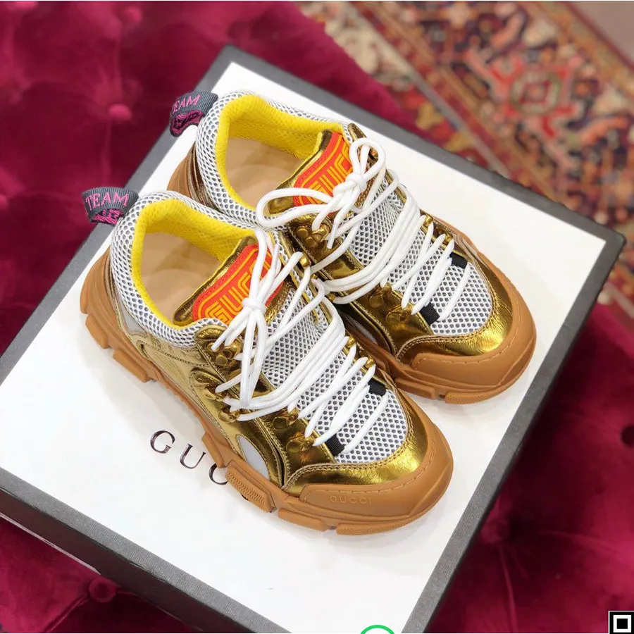 Gucci Flashtrek Gg Sneakers Calfskin Leather Koleksi Musim Gugur/dingin 2019 Putih/emas Metalik