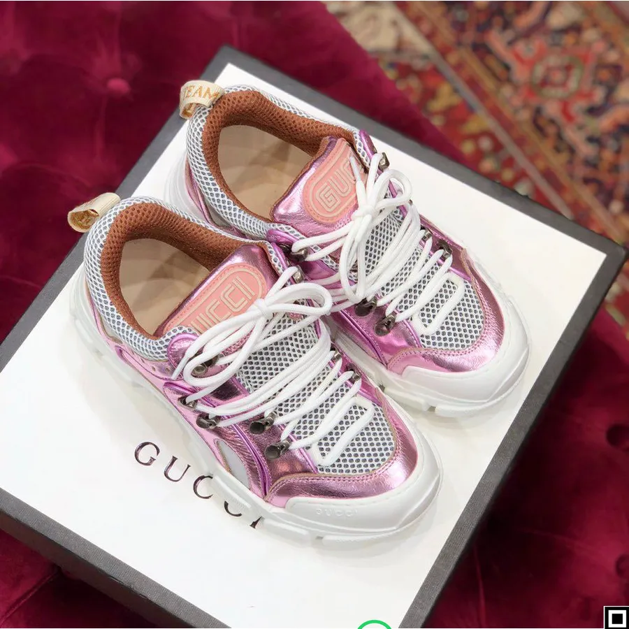 Gucci Flashtrek Gg Sneakers Calfskin Leather Koleksi Musim Gugur/dingin 2019, Putih/merah Muda Metalik