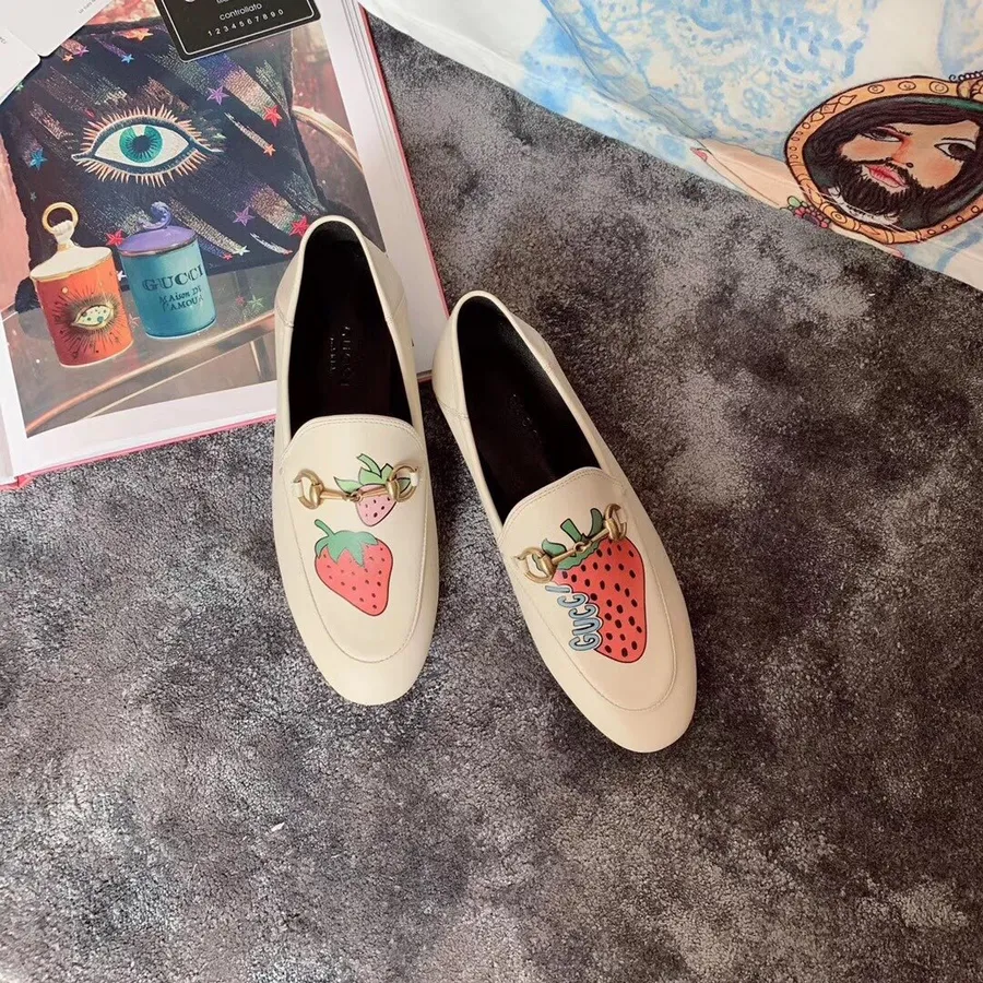 Gucci Jordaan Strawberry Mules 423694 Calfskin Leather Fall/Winter 2019 Collection, Nude