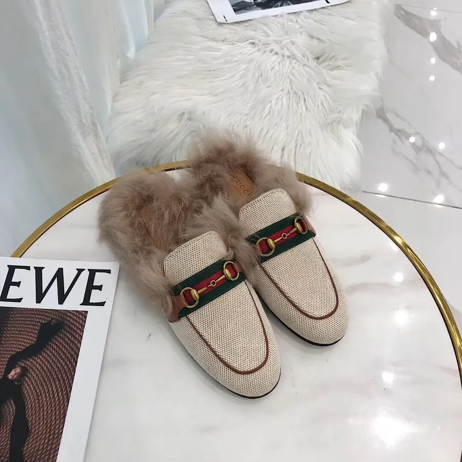 Gucci Princetown Płócienne Pantofle Futrzane Muły 577264 Skóra Cielęca Kolekcja Przed Jesienno-zimową 2019, Brązowe