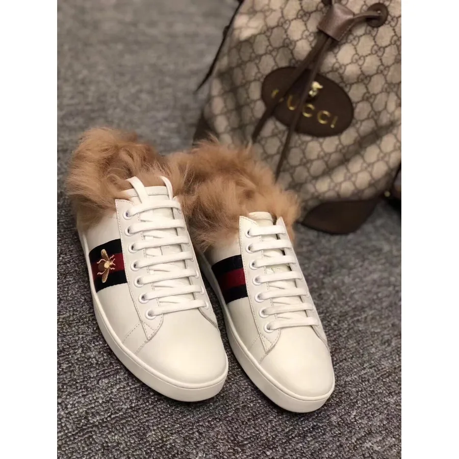 Vyšívaná Teniska Gucci Ace Bee Fur 429446 Teľacia Koža Kolekcia Jar/leto 2019, Biela