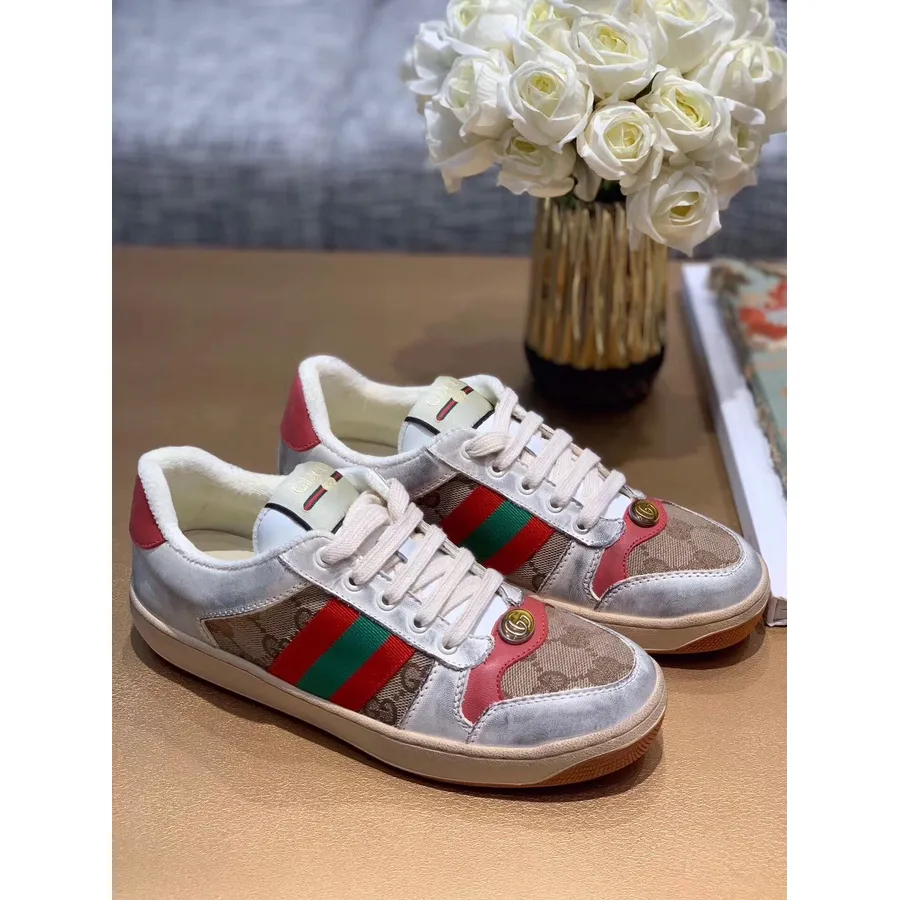 Adidasi Gucci Screener Cu Panza Gg 570443 Piele De Vitel Butter Colectia Primavara/vara 2019, Bej/alb