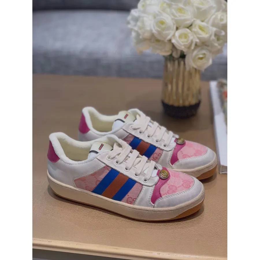 Adidasi Gucci Screener Cu Panza Gg 570443 Piele De Vitel Butter Colectia Primavara/vara 2019, Roz/alb