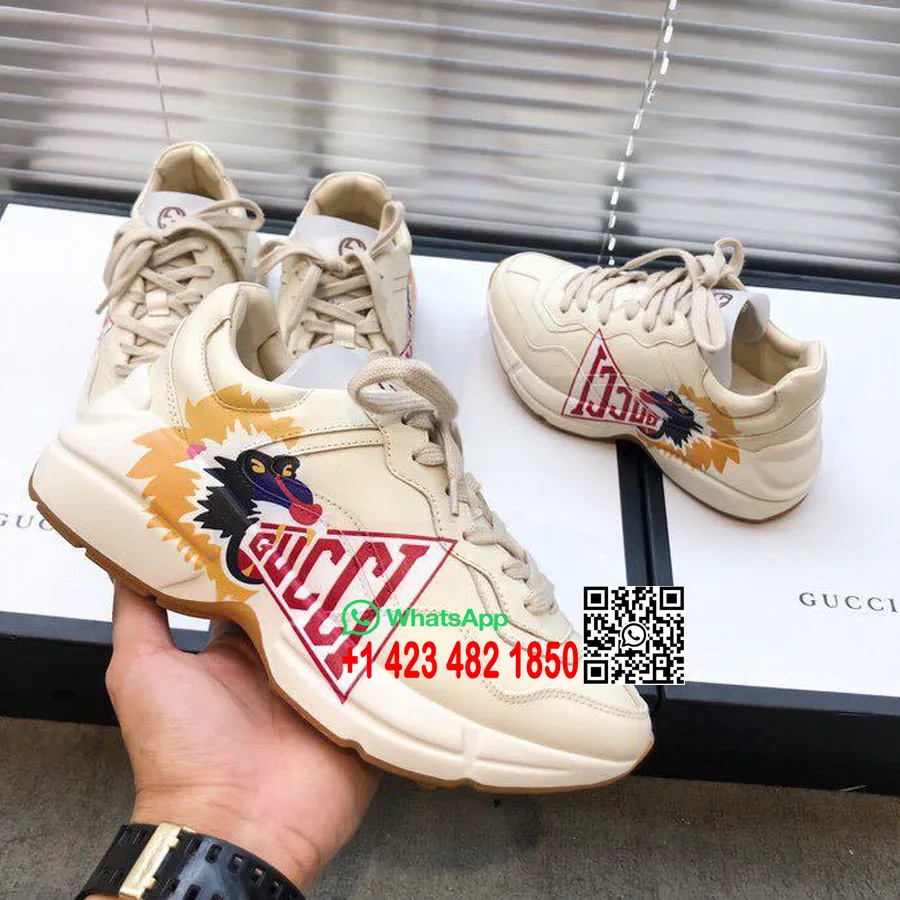 Gucci Rhyton Monkey Unisex Dad Sneakers 524991 Kalvskinn Vår/sommar 2019 Kollektion, Benvit