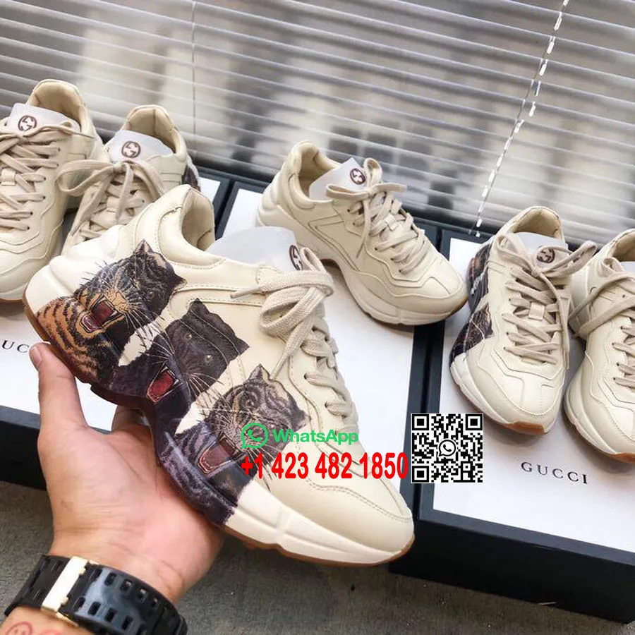 Gucci Rhyton Panther Unisex Dad Sneakers 524991 Kalveskind Forår/sommer 2019 Kollektion, Off White/sort