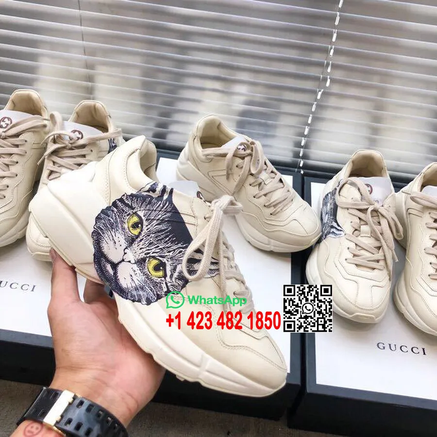 Gucci Rhyton Cat Unisex Far Sneakers 524991 Kalveskind Forår/sommer 2019 Kollektion, Off White