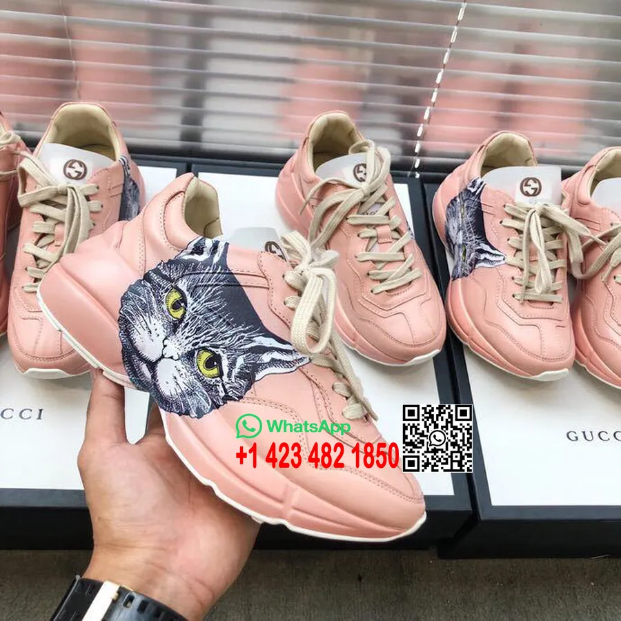 Gucci Rhyton Cat Adidași Unisex Pentru Tată 524991 Piele De Vițel Colecția Primăvară/vară 2019, Roz Deschis