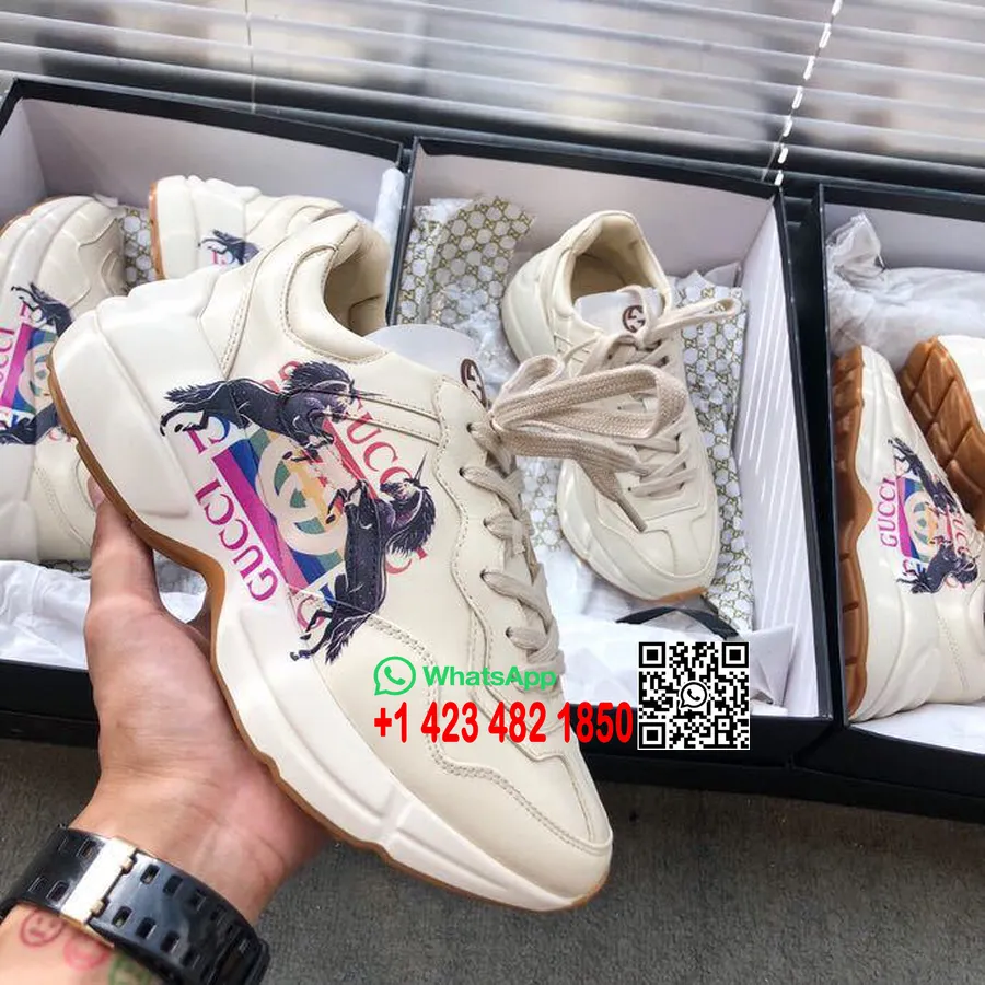 Gucci Rhyton Unicorn Unisex Dad Sneakers 524991 Kalfsleer Collectie Lente/zomer 2019, Gebroken Wit