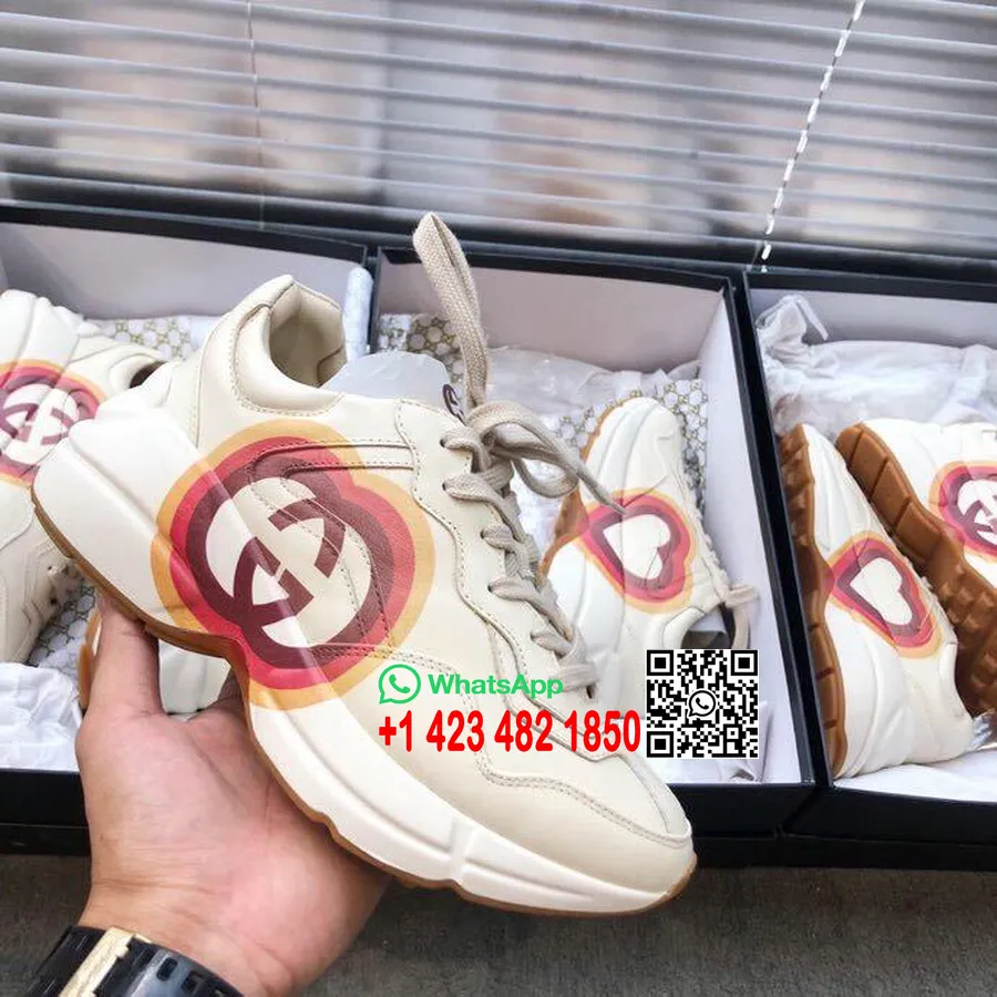 Gucci Rhyton Heart Gucci Logo Unisex Trampki Dla Taty 524991 Skóra Cielęca Kolekcja Wiosna/lato 2019, Złamany Biały/czerwony