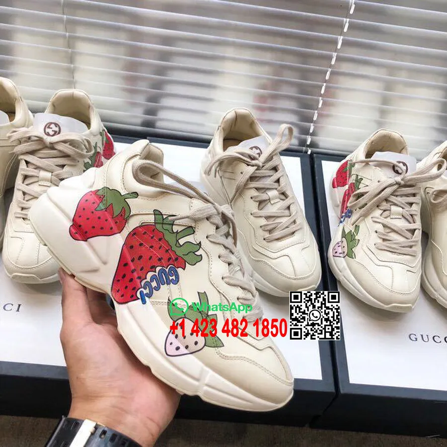 Gucci Rhyton Strawberries יוניסקס אבא סניקרס 524991 עור עגל קולקציית אביב/קיץ 2019, אוף ווייט/אדום