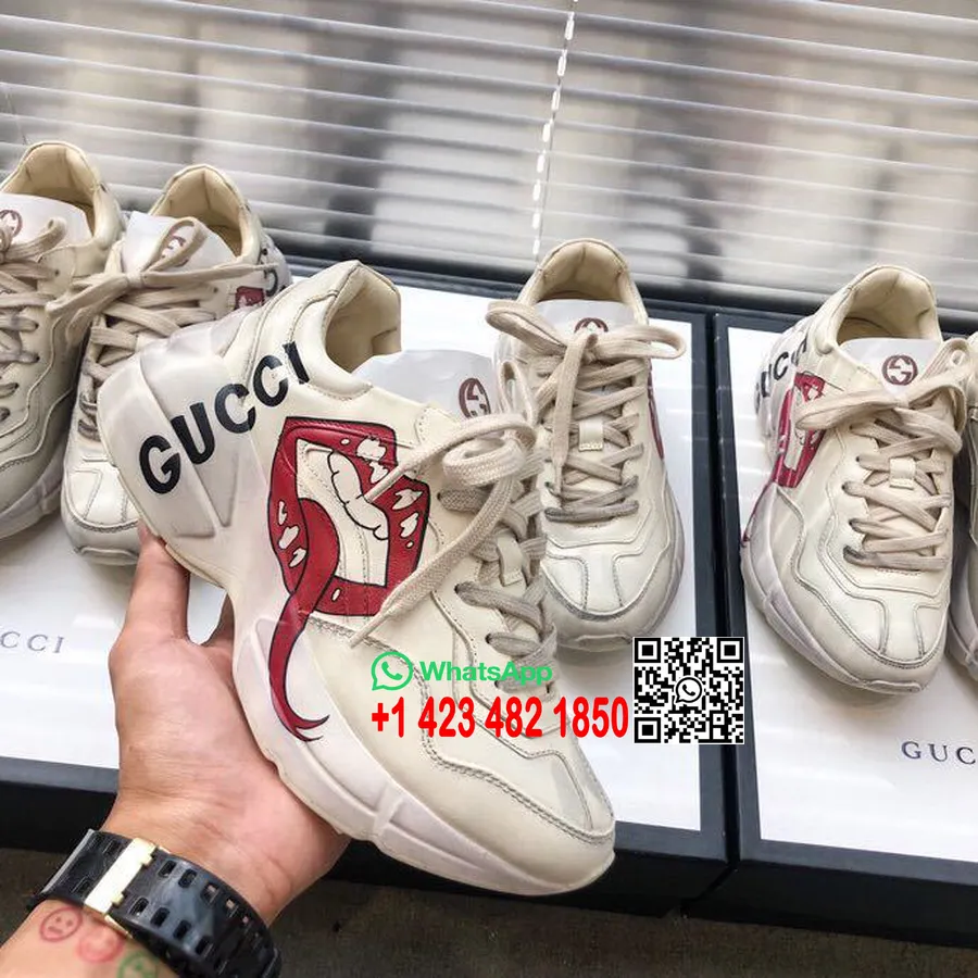 Gucci Rhyton שפתיים פתוחות יוניסקס נעלי אבא 524991 קולקציית עור עגל אביב/קיץ 2019, אוף ווייט/אדום