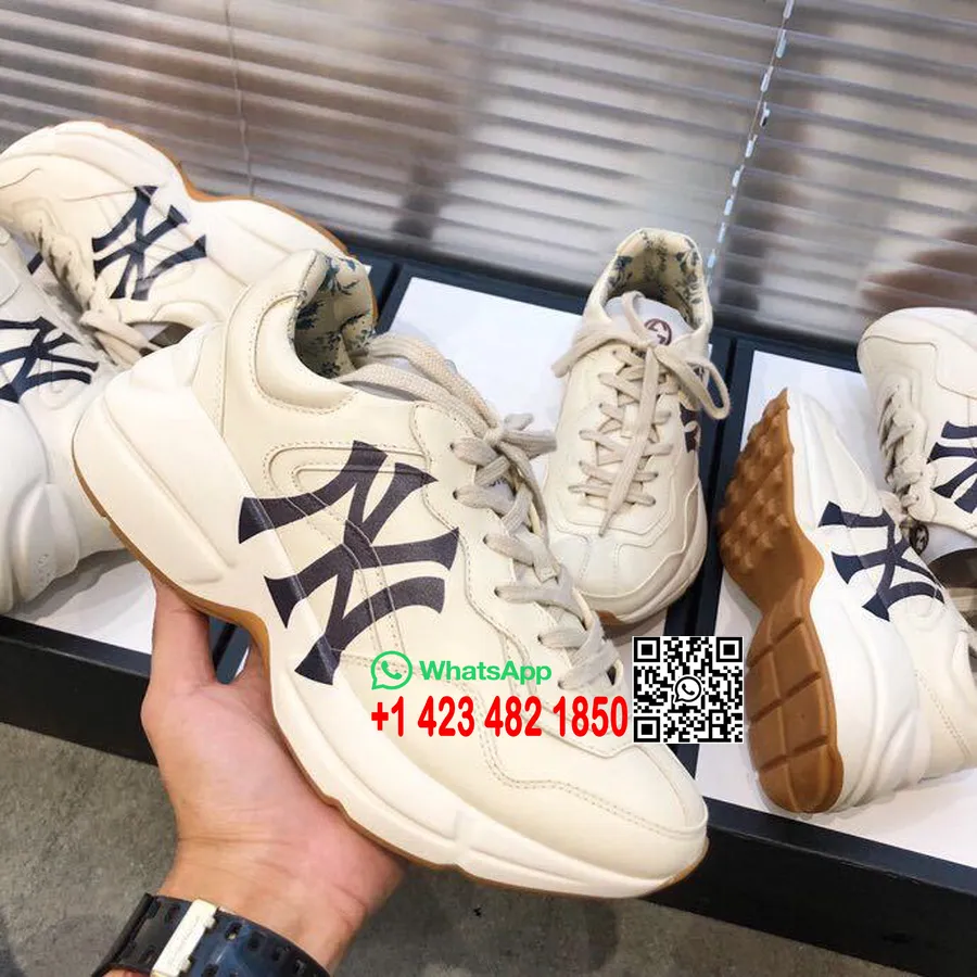 Gucci Rhyton Ny Yankees Unisex Tatínkové Tenisky 548638 Teletinová Kůže Kolekce Jaro/léto 2019, šedobílá