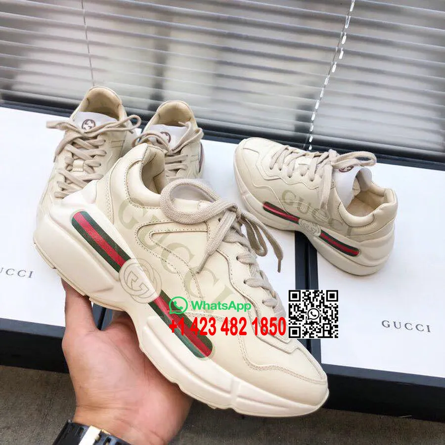 Gucci Rhyton Gucci Logo Unisex Táta Tenisky 524991 Teletinová Kůže Kolekce Jaro/léto 2019, šedobílá