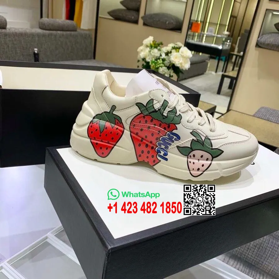 Gucci Rhyton Plattformssneakers Med Gucci Jordgubb 576963 Kalvskinn Vår/sommar 2019 Kollektion Vit