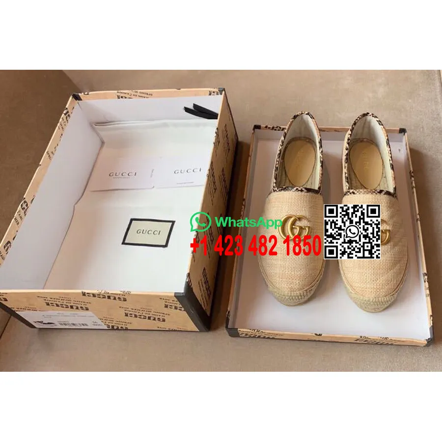 Gucci Chevron Yılan Derisi Süslemeli Rafya Espadril çift G Ile 577374 Ilkbahar/yaz 2019 Koleksiyonu, Krem/kahverengi