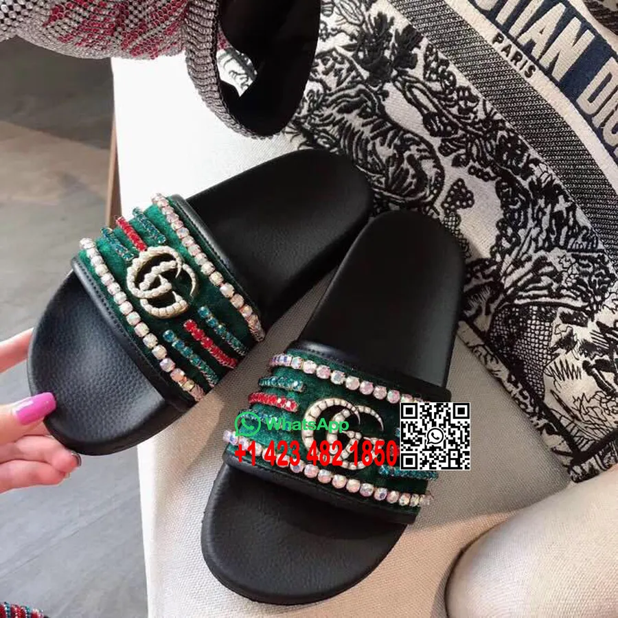 Gucci Samt-Slide-Sandale Mit Kristallen, Kalbsleder, Frühjahr/Sommer-Kollektion 2019, Schwarz