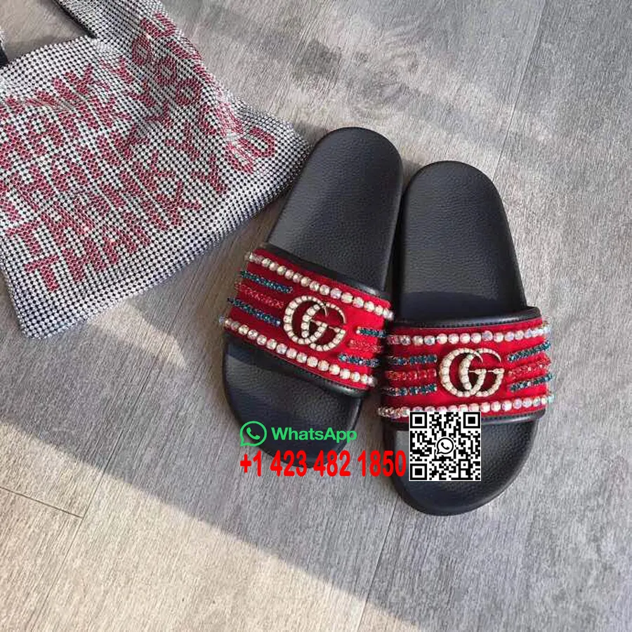 Gucci Samt-Slide-Sandale Mit Kristallen, Kalbsleder, Frühjahr/Sommer-Kollektion 2019, Rot