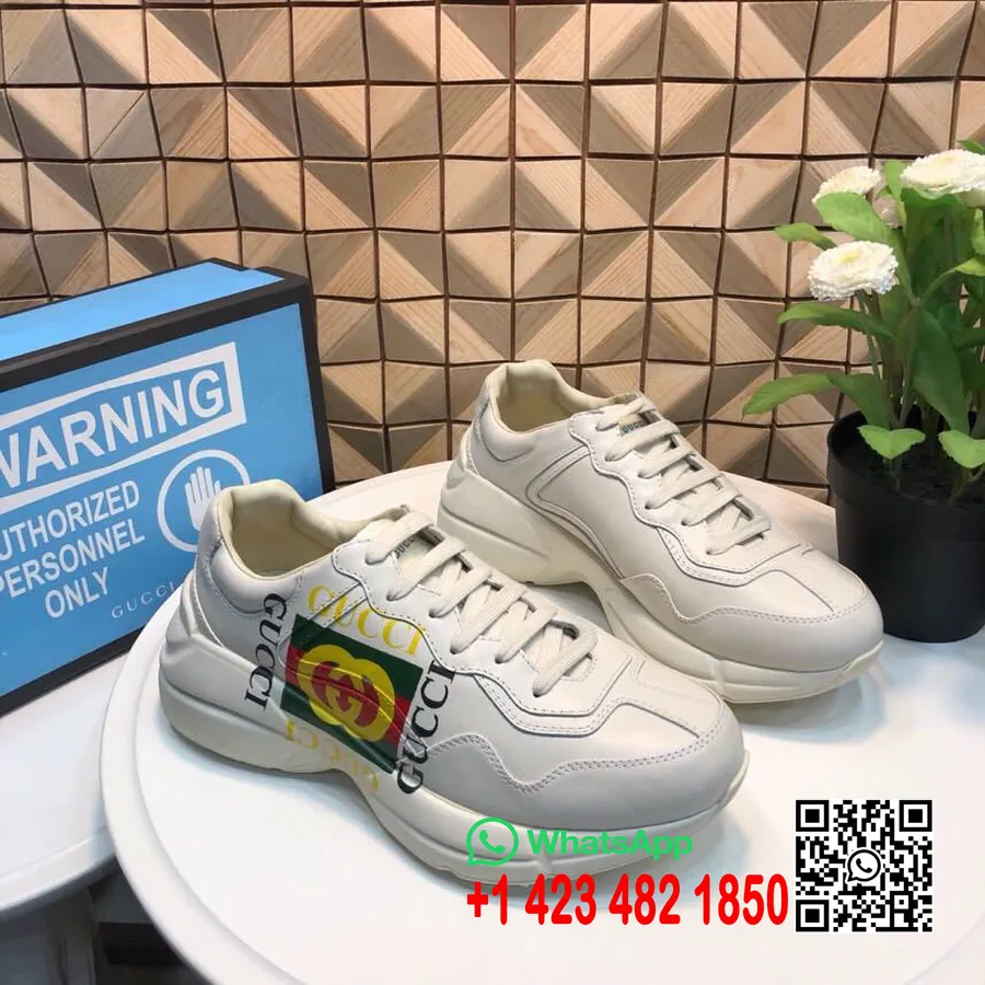 Gucci Rhyton Gg Logo Dad Sneakers 500878 Kalvskinn Vår/sommar 2019 Kollektion, Benvit