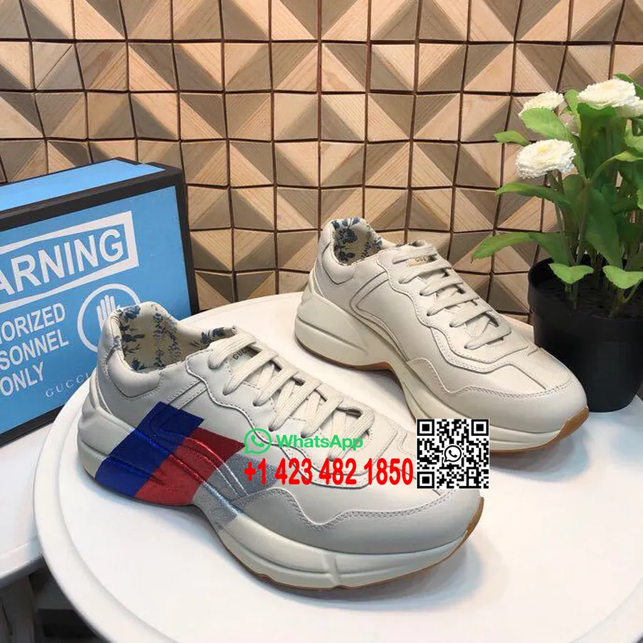 Gucci Rhyton Webbtryck Dad Sneakers 523535 Kalvskinn Vår/sommar 2019 Kollektion, Benvit