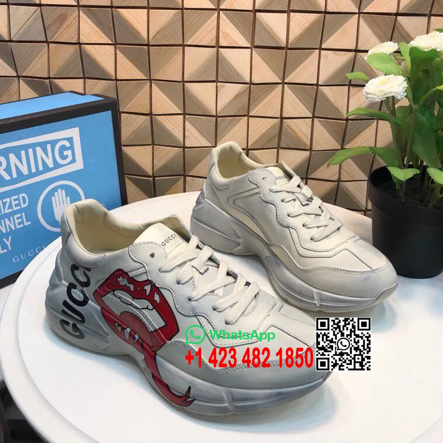 Gucci Rhyton Dad Sneakers Mit Mund-Print 552089, Kalbsleder, Frühjahr/Sommer-Kollektion 2019, Gebrochenes Weiß