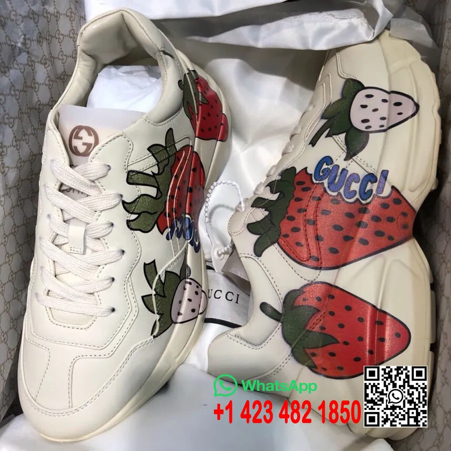 Gucci Rhyton Strawberry Print Táta Tenisky 576963 Teletinová Kůže Kolekce Jaro/léto 2019, šedobílá