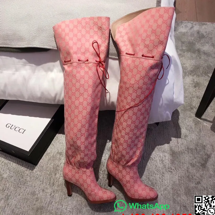 Gucci Lisa Gg Over-the-knee Canvas Boots Kalvskinn Läder Höst/vinter 2018 Kollektion, Röd/beige