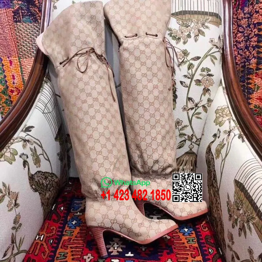 Botas Por Encima De La Rodilla De Lona Gucci Lisa Gg Con Adornos De Piel De Becerro Colección Otoño/invierno 2018, Beige/ébano