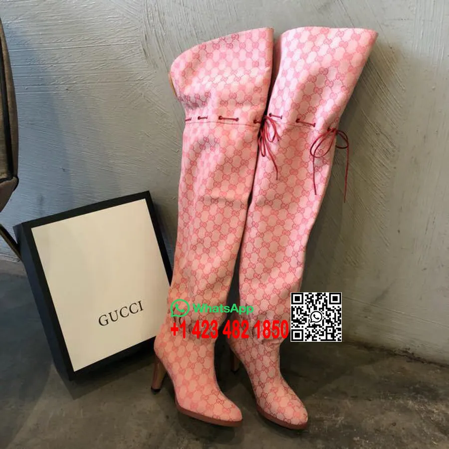 Gucci Botas Por Encima De La Rodilla De Lona Lisa Gg Con Adornos De Piel De Becerro Colección Otoño/invierno 2018, Rojo/beige