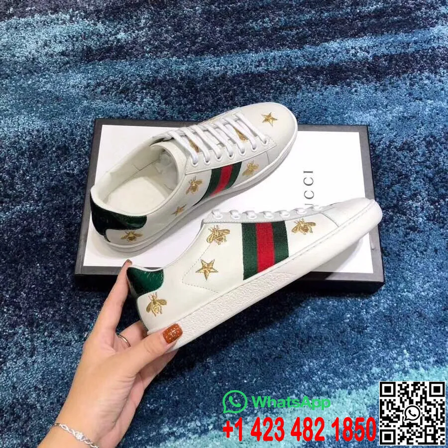 Zapatilla Gucci Ace Bordada Abejas/estrellas 386750 Piel De Becerro Colección Primavera/verano 2018 Blanco