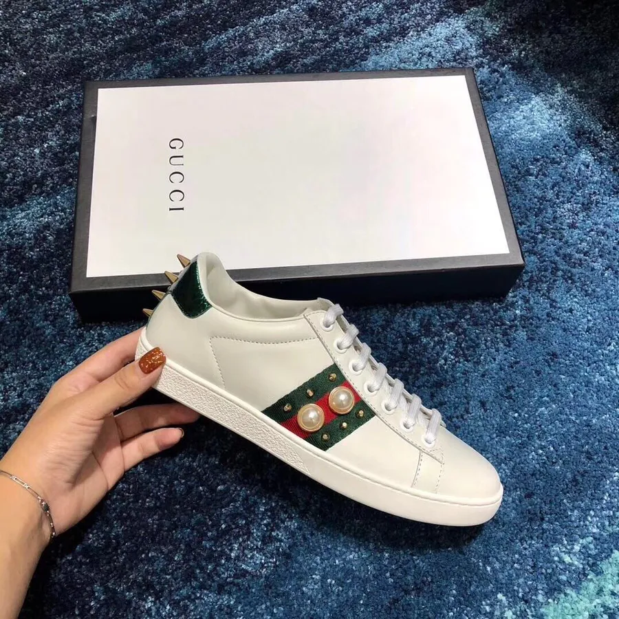 Gucci Ace Sepatu Kulit Bertabur 431887 Kulit Anak Sapi Koleksi Musim Semi/Musim Panas 2018 Putih