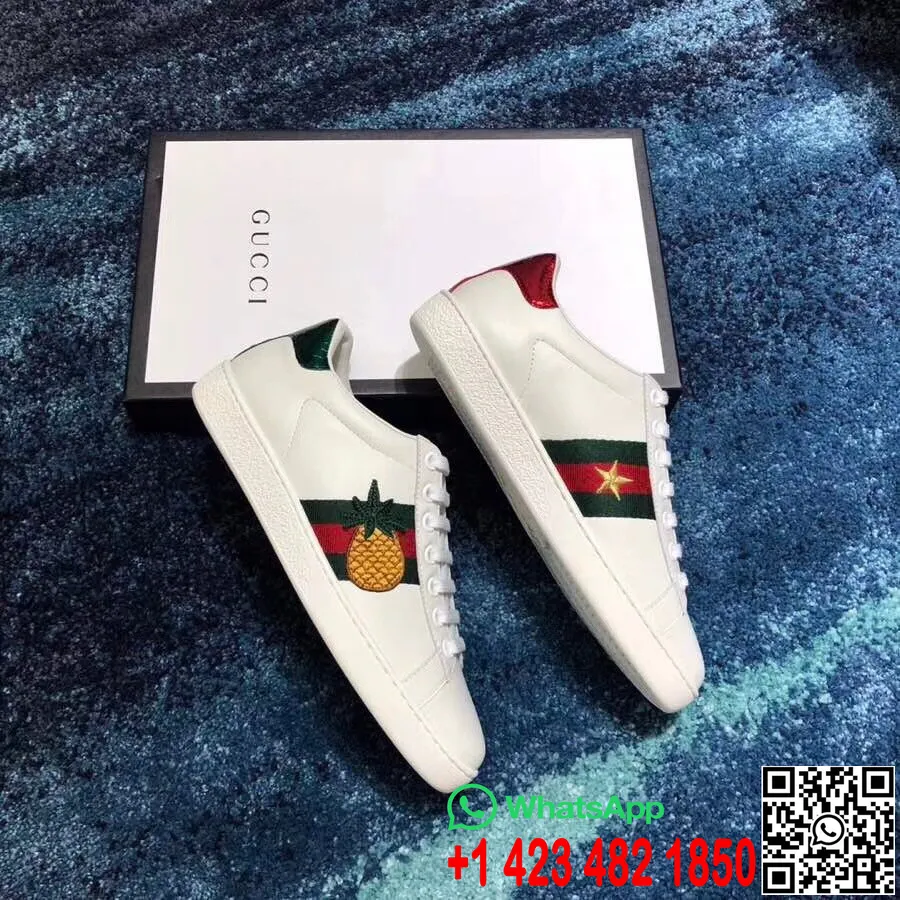 Zapatilla Gucci Ace Con Bordado Piña/labybug 431920 Piel De Becerro Colección Primavera/verano 2018 Blanco