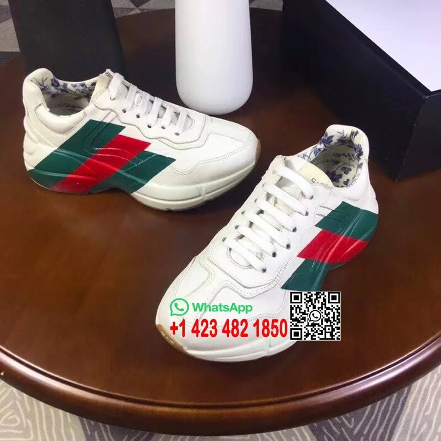 Gucci Rhyton Web Cetak Logo Ayah Sepatu 523535 Kulit Anak Sapi Musim Semi/Musim Panas 2018 Koleksi Off Putih