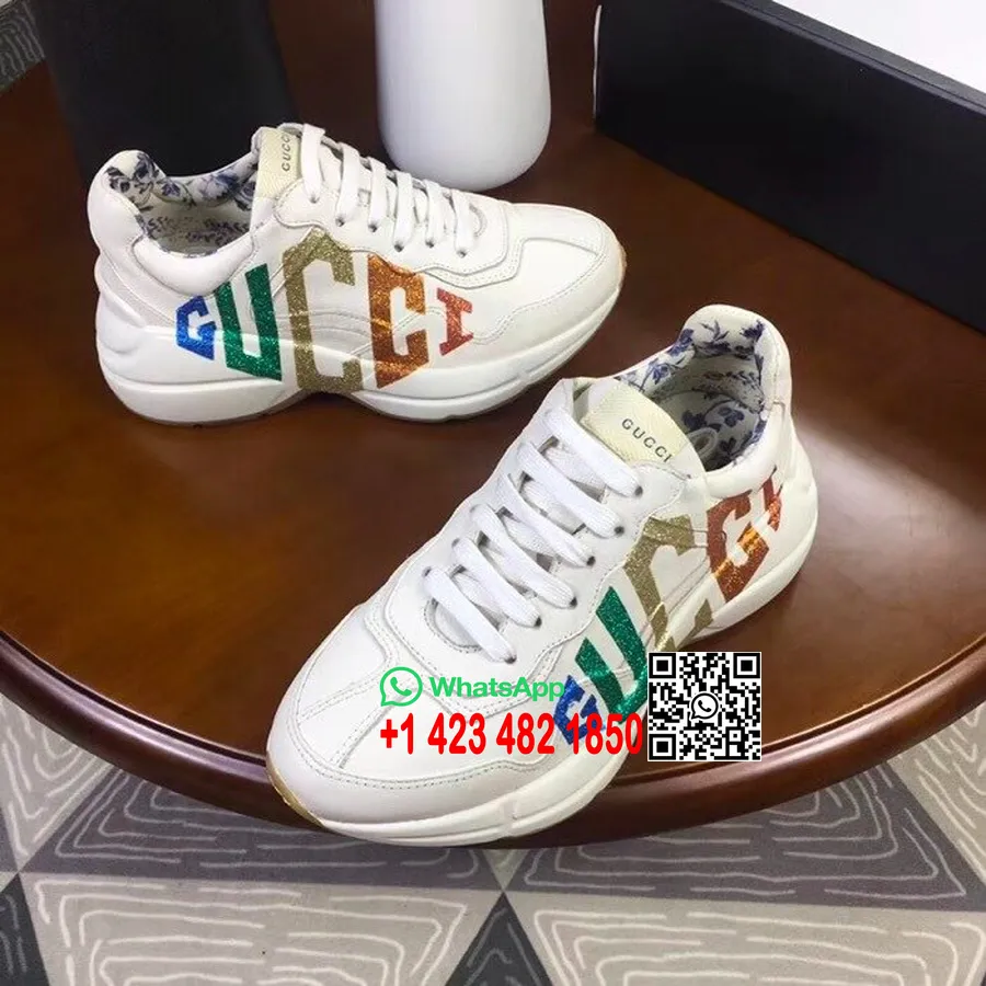 Gucci Rhyton Glitter Logo Ayah Sepatu 524990 Kulit Anak Sapi Koleksi Musim Semi/Musim Panas 2018 Off White