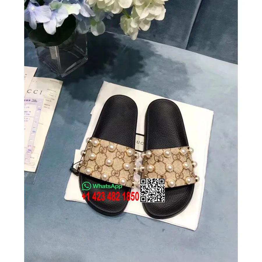 Gucci Gg Suprême Slide Avec Perles Poursuite Toile Toboggan Sandales De Piscine Collection Printemps/été 2018 Beige