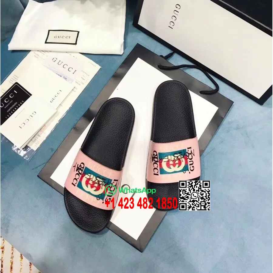 Gucci Gg Logo Pursuit Velour Bee Canvas Slide Pool Sandaler Vår/sommar 2018 Kollektion Rosa