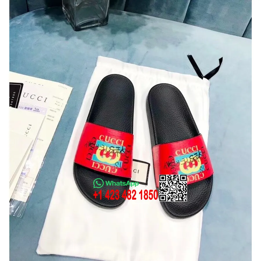 Gucci Gg Logo Pursuit Velour Bee Canvas Slide Pool Sandaler Vår/sommar 2018 Kollektion, Röd