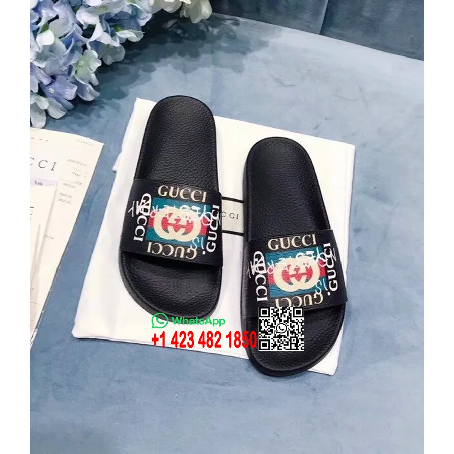 Gucci Gg Logo Pursuit Velour Bee Canvas Slide Pool Sandaler Vår/sommar 2018 Kollektion, Svart