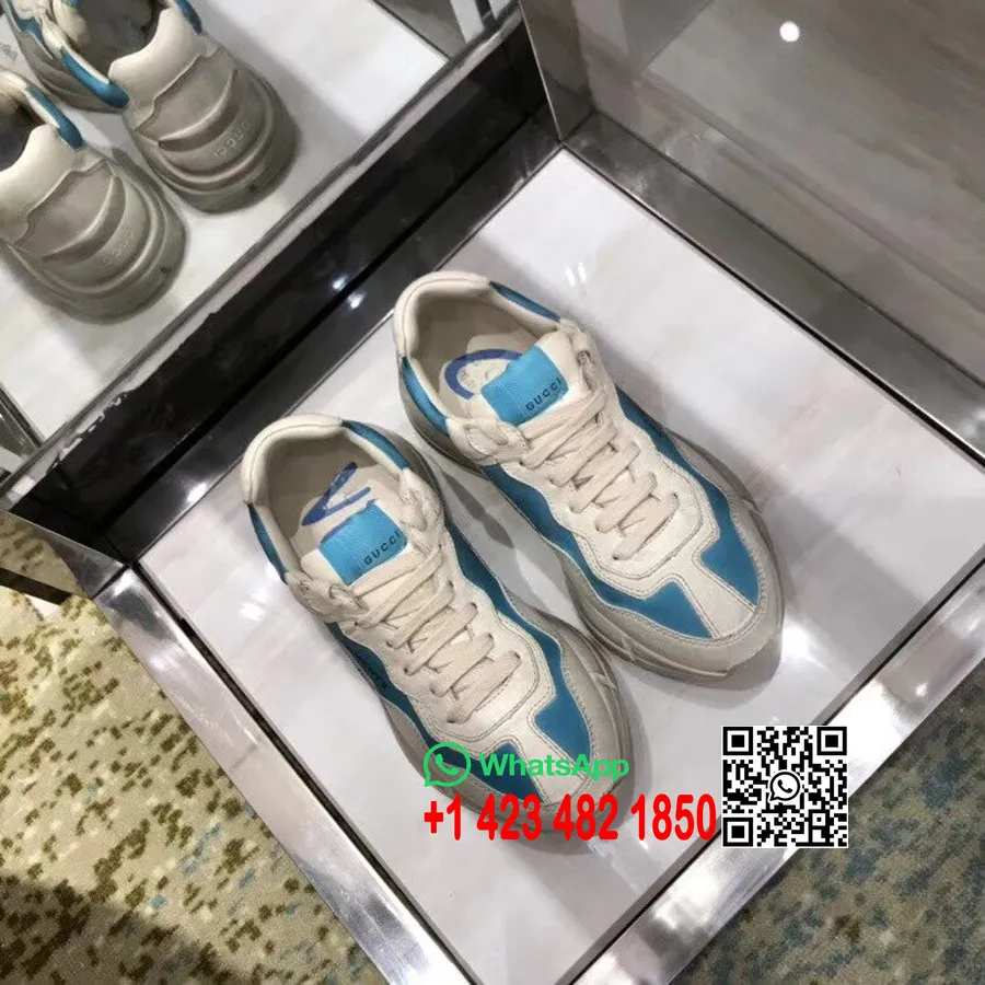 Gucci X Vetements Rhyton Print Dad Sneakers Koleksi Musim Semi/musim Panas 2018 Kulit Anak Sapi, Putih Pudar/biru