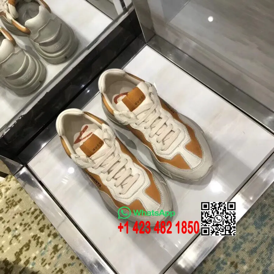 Gucci X Vetements Rhyton Print Dad Sneakers Koleksi Musim Semi/musim Panas 2018 Kulit Anak Sapi, Putih Pudar/oranye