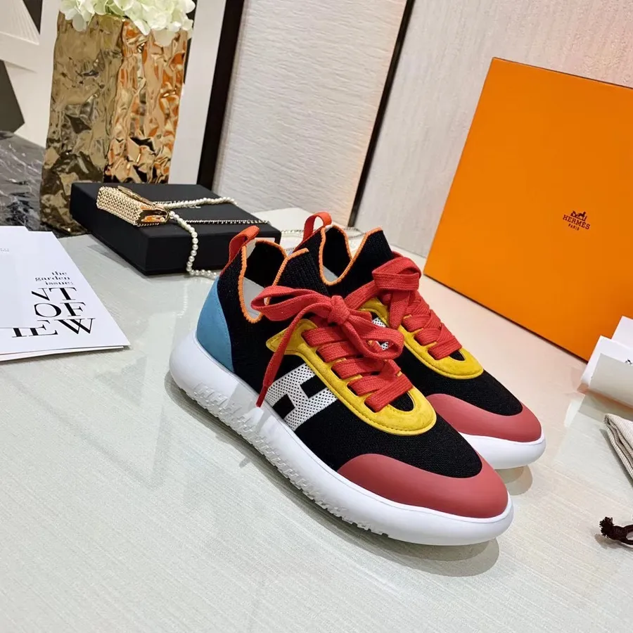 Hermes Crew Gebreide Vetersneakers Herfst/winter 2021 Collectie, Rood/blauw/geel